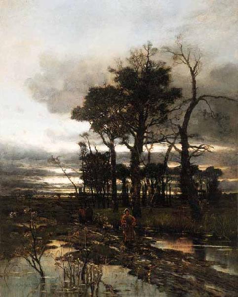 Karl Heffner An evening landscape oil painting picture